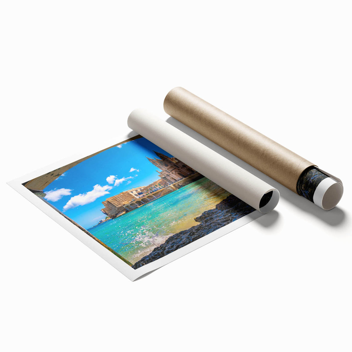 Extra large rolled print of a scenic Malta landscape with vibrant blue and green tones, ideal for classy bathroom wall art.