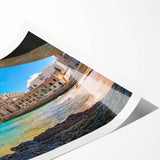 Extra large rolled print featuring line art flowers and European scenery in muted earth tones.