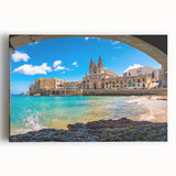Black and white image of Malta scenery on stretched canvas, suitable as large kitchen wall art or bedroom decor.