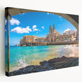 Side view of a stretched canvas featuring a scenic European Malta landscape in vibrant blue and beige tones.