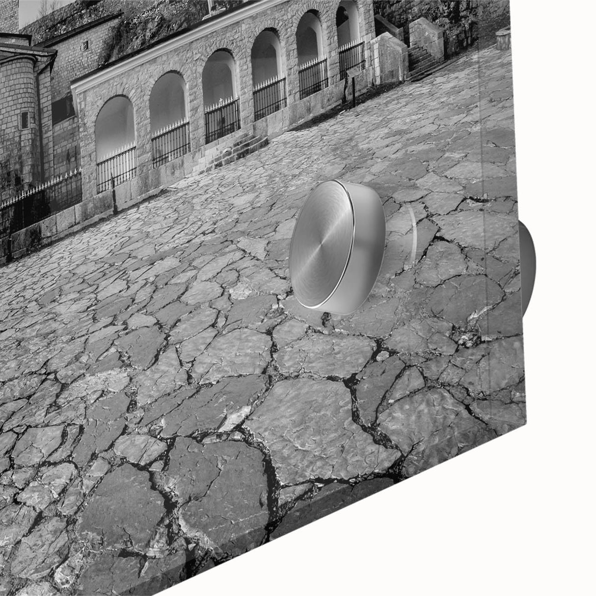 Large abstract wall art of a Montenegro landscape in muted earth tones on acrylic glass, ideal for dining room decor.