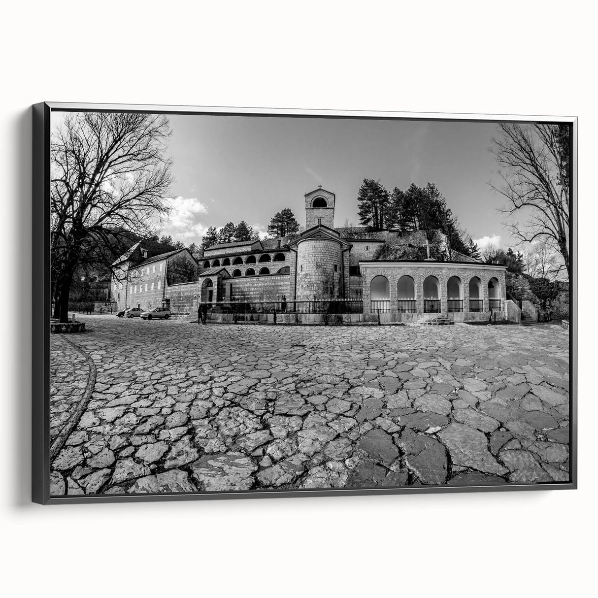Black and white landscape art of Montenegro on framed canvas, ideal for bedroom decor with a vintage poster style.