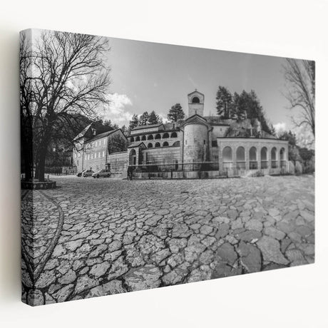 Large art print on stretched canvas featuring a scenic Montenegro landscape in muted earth tones.