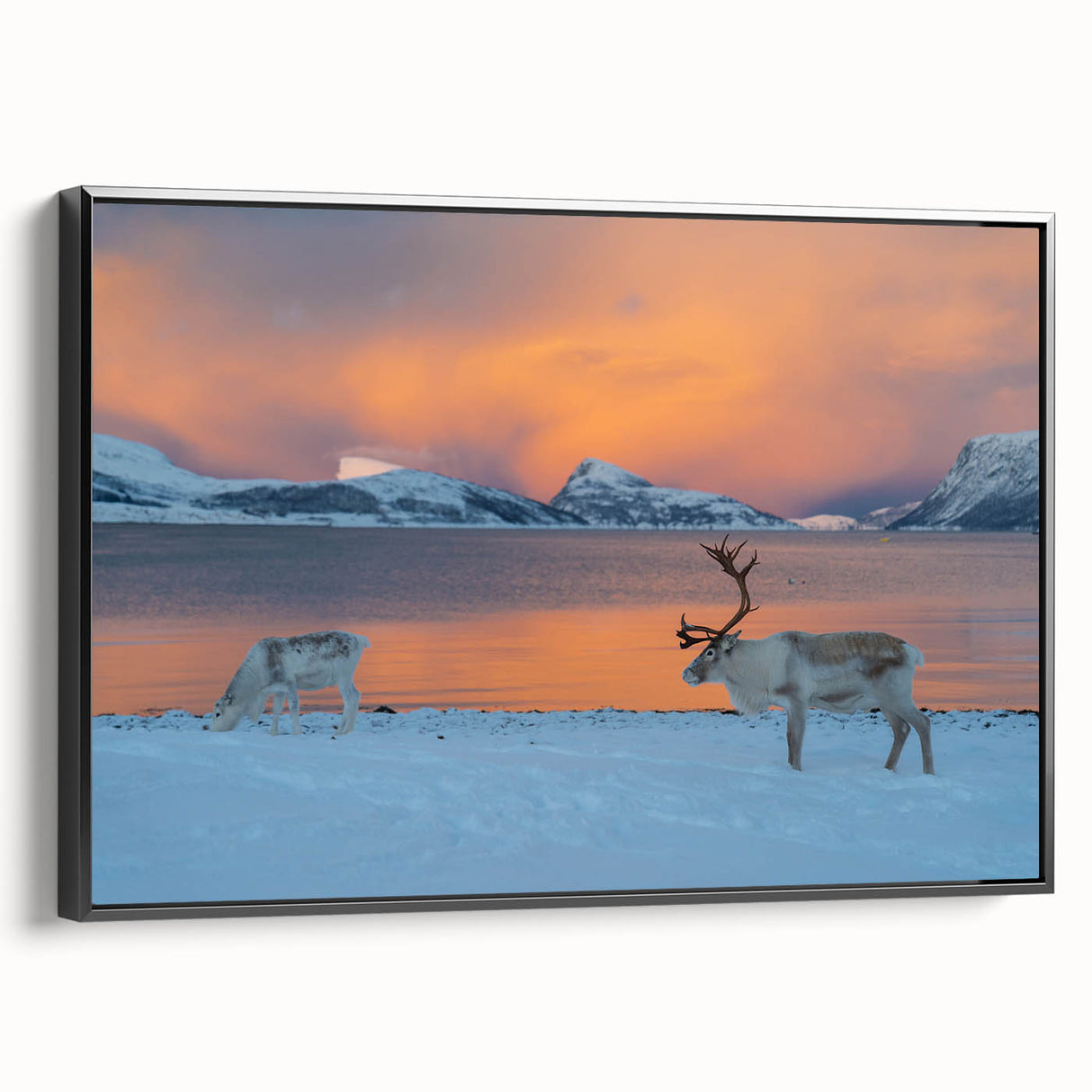 Black and white landscape art painting of a Norwegian scenery on framed canvas, suitable for bedroom decor.