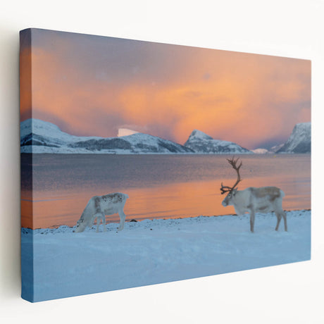 Large art depicting a serene Norwegian landscape on stretched canvas, with muted green and blue tones.