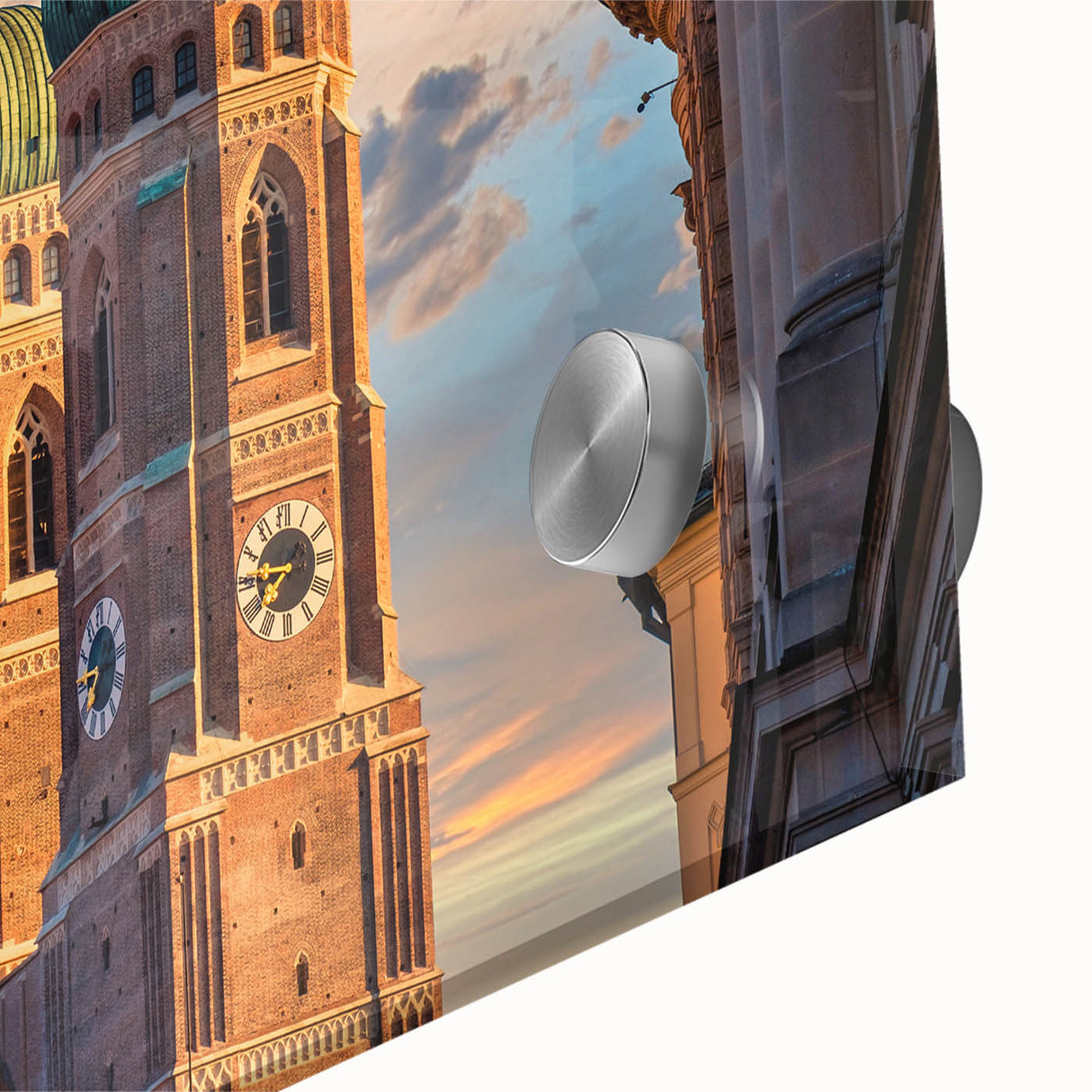 Large abstract wall art depicting a European cityscape in muted gray and blue tones on acrylic glass.