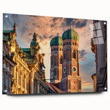Large abstract wall art depicting a European scenery in muted earth tones on acrylic glass.
