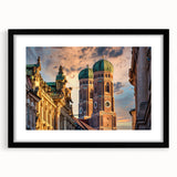 Colorful abstract art print of a European scenery in a black frame with mat, ideal for extra large wall art in a living room.
