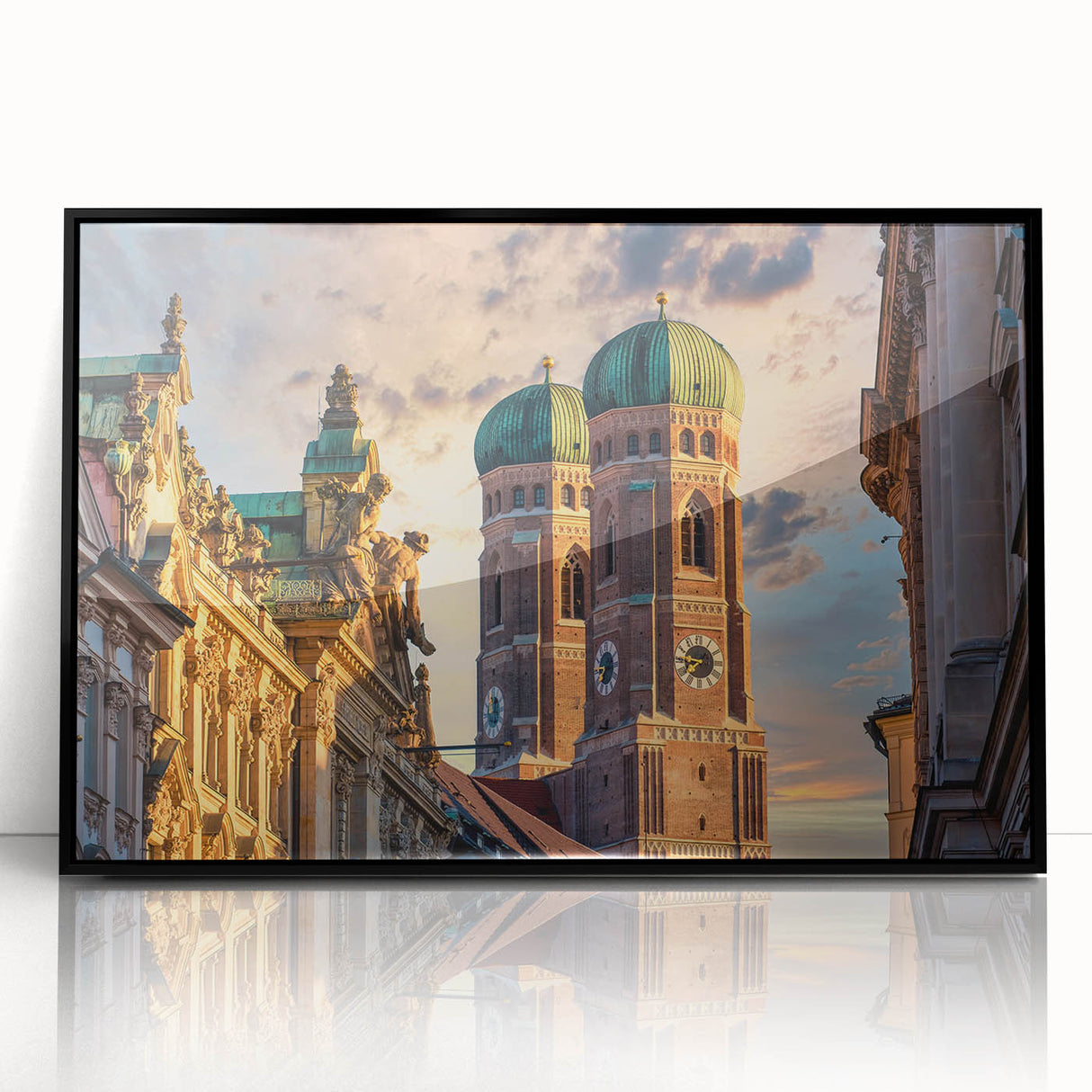 Large abstract wall art depicting a European scenery in muted earth tones on a framed acrylic.