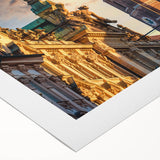 Art deco poster of a European cityscape in monochrome, printed on rolled canvas, suitable for dining room decor.