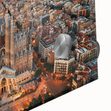 Large abstract wall art depicting Barcelona scenery in muted earth tones on acrylic glass, ideal for dining room ambiance.