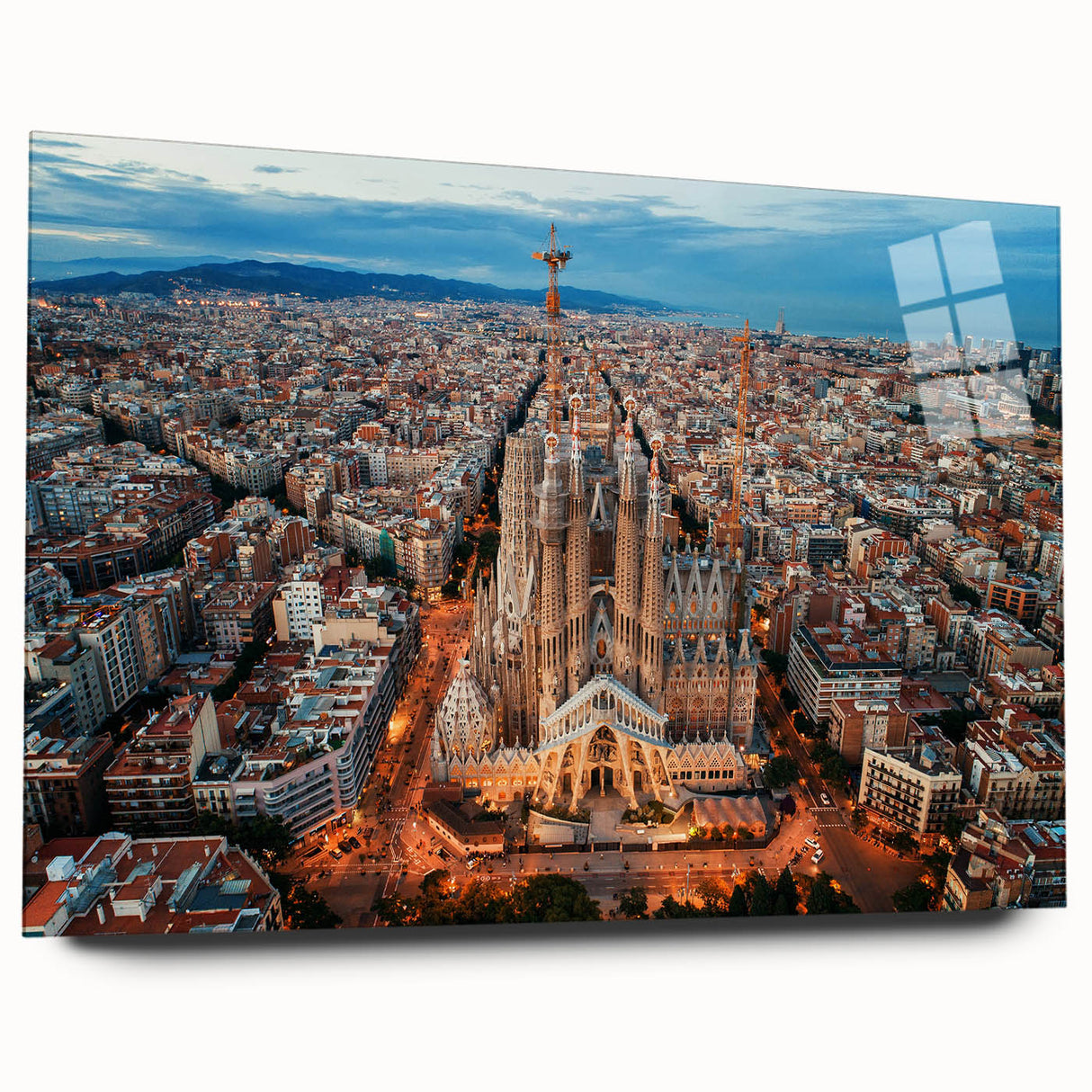 Large abstract wall art of Barcelona scenery in vibrant hues on acrylic glass, ideal for bedroom or dining room decor.