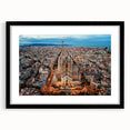 Extra large wall art featuring a colorful abstract print of Barcelona scenery on a textured canvas, framed in black.