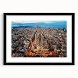 Extra large wall art featuring a colorful abstract print of Barcelona scenery on a textured canvas, framed in black.