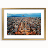 Abstract art print of Barcelona scenery in gold frame, featuring muted earth tones, ideal for bedroom or dining room decor.