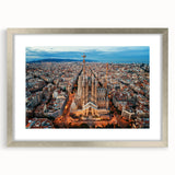 Extra large abstract art print of Barcelona scenery in textured style on silver-framed canvas, suited for living room decor.