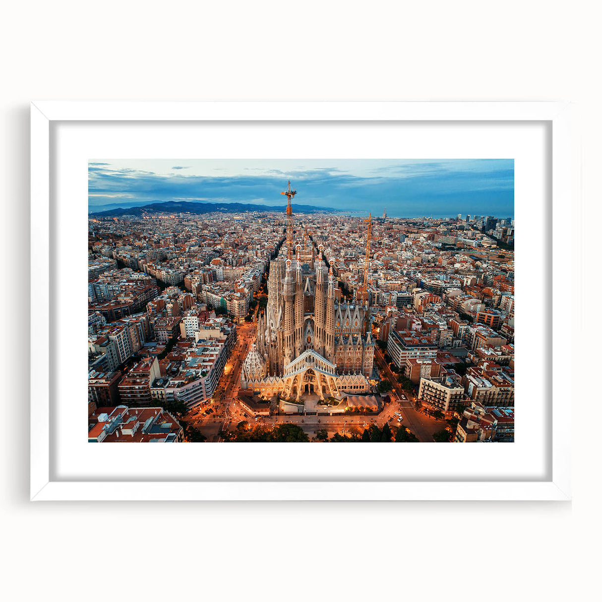 Textured abstract art print of Barcelona scenery in muted earth tones on a framed white mat, suitable for bedroom art.