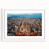 Textured abstract art print of Barcelona scenery in muted earth tones on a framed white mat, suitable for bedroom art.