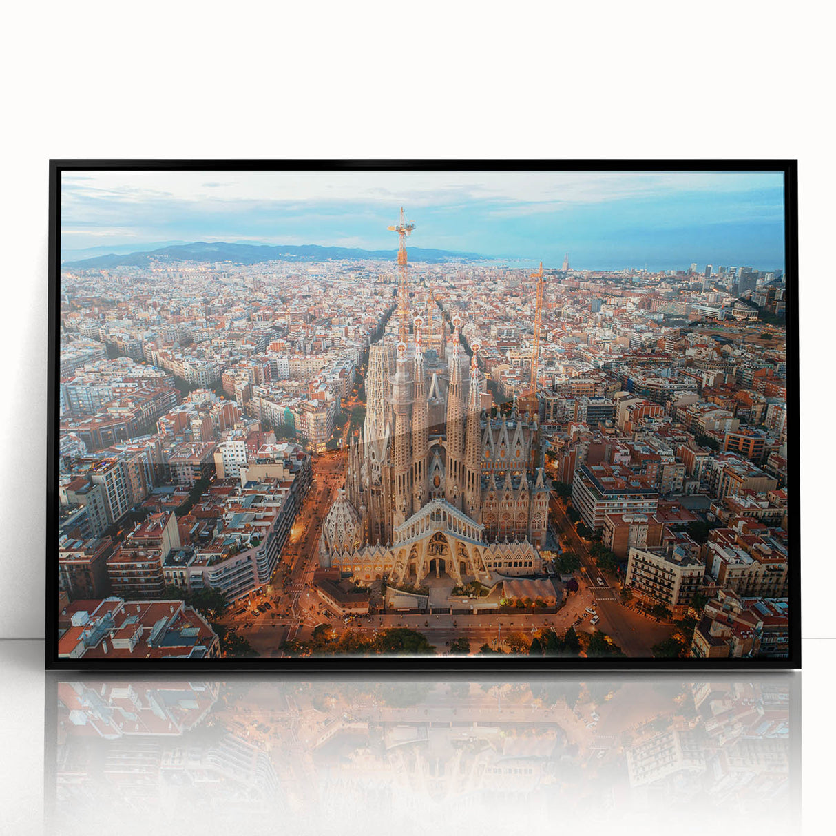 Large abstract wall art depicting a Barcelona cityscape in muted gray and blue tones, framed acrylic.