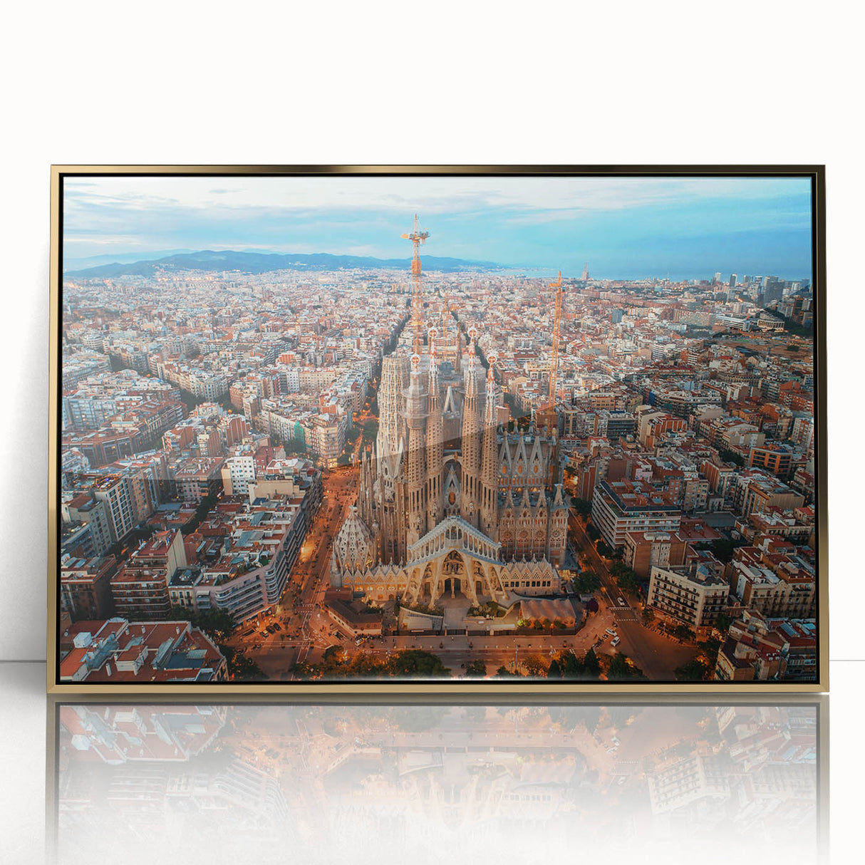 Art deco poster of Barcelona skyline in muted gold tones, framed acrylic, ideal for modern art wall decor.
