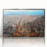 Framed acrylic print of a mid-century modernist Barcelona scenery in muted earth tones, ideal for modern art wall decor.