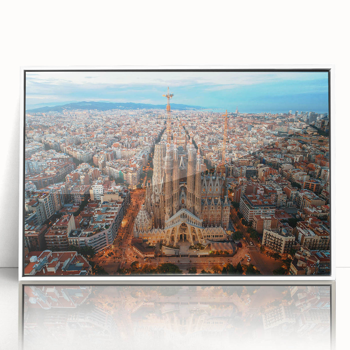 Mid-century modernist art depicting Barcelona scenery in muted pastel shades on a framed acrylic, ideal for nursery wall art.