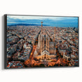 Black and white framed canvas of a vintage Barcelona landscape, ideal for bedroom wall decor.