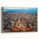 Framed canvas of a vintage Barcelona landscape in black and gold tones, ideal for bedroom wall art.