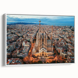 Vintage poster art of Barcelona with colorful elements on extra-large framed canvas, ideal for living room decor.