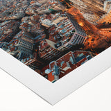 Art deco poster of Barcelona skyline in muted gold and navy, printed on rolled canvas, suitable for dining room wall art.