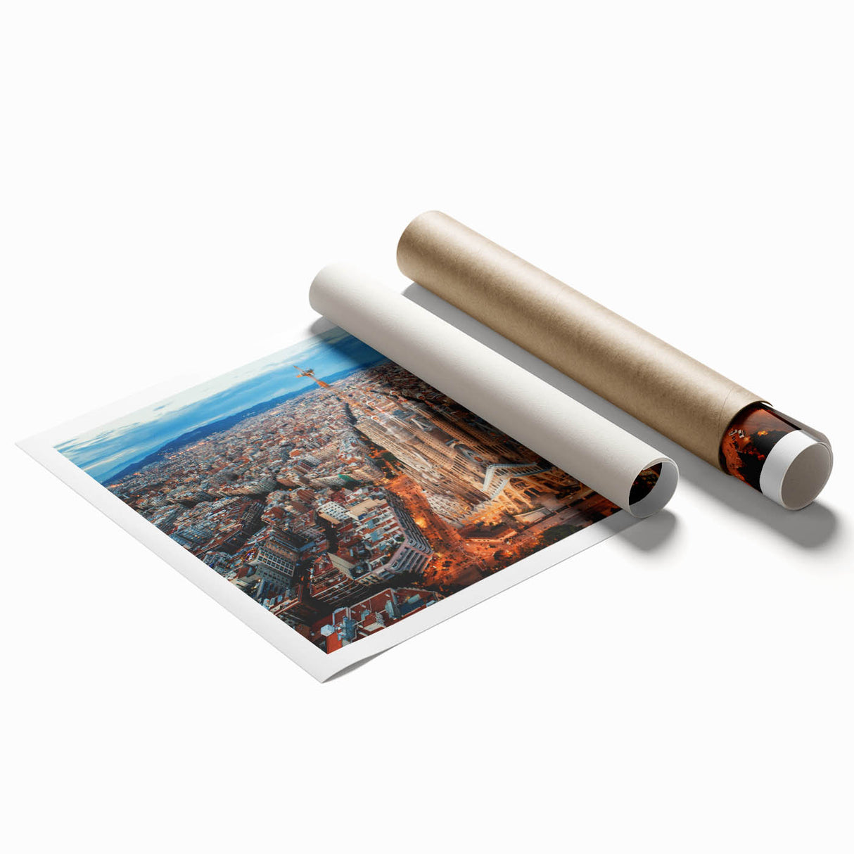 Extra large rolled print of Barcelona scenery in vibrant green and red tones, suitable for bathroom or living room decor.