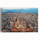 Black and white stretched canvas featuring the Barcelona skyline, ideal for kitchen wall art.