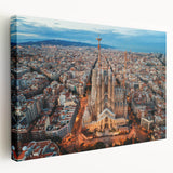 Large canvas print of a Barcelona cityscape in muted earth tones, suitable for kitchen wall art.