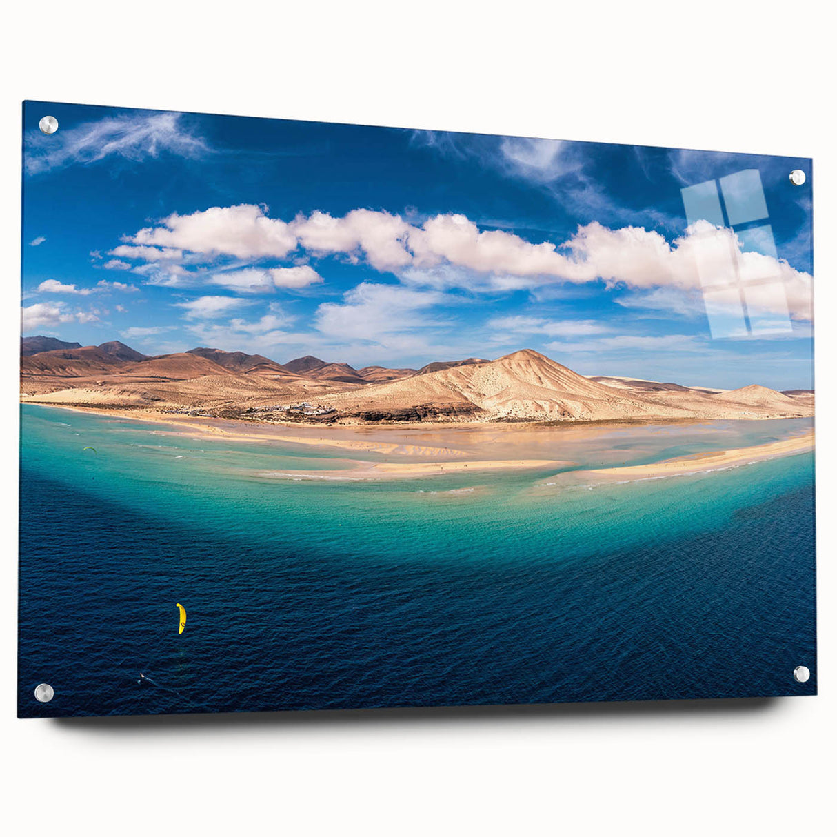 Large abstract wall art of a European scenery on acrylic glass, with muted earth tones.