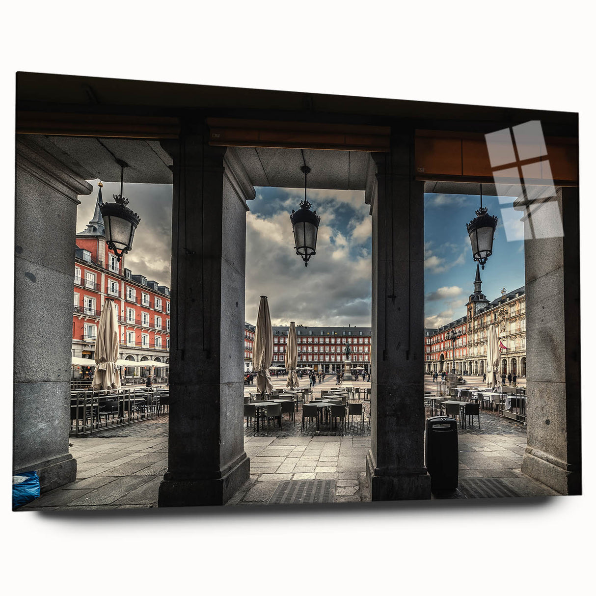Large abstract wall art of Madrid's scenery in muted earth tones on acrylic glass, suitable for bedroom or dining room decor.