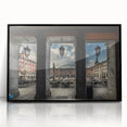 Large abstract wall art of Madrid skyline in muted gray and blue tones on a framed acrylic.