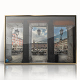 Large art print of Madrid scenery in muted earth tones on a gold framed acrylic, ideal for modern art wall decor.
