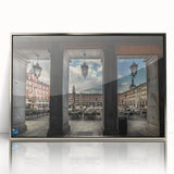 Mid-century modernist art featuring a scenic Madrid cityscape in pastel shades on a framed acrylic print.