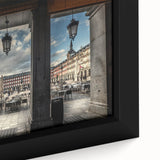 Extra large framed canvas of a textured, colorful Madrid cityscape in black wall art style, ideal for living room decor.