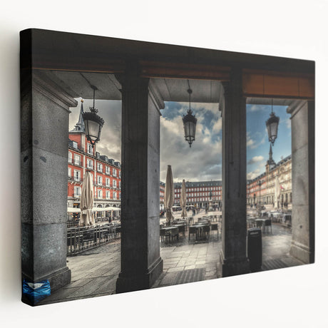 Large art depicting the Madrid skyline in muted earth tones on stretched canvas, ideal for kitchen wall decor.