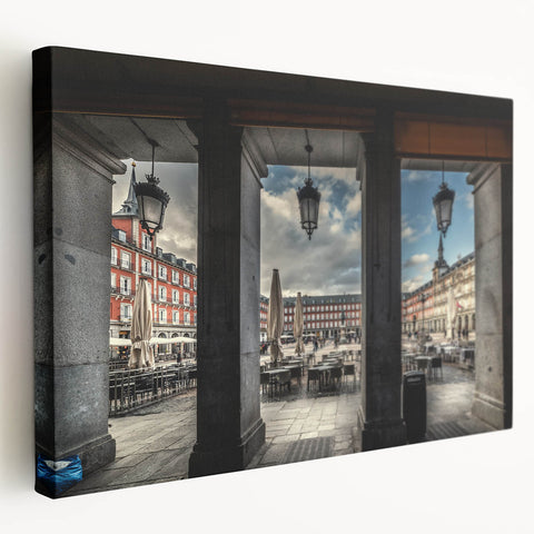 Large art depicting the Madrid skyline in muted earth tones on stretched canvas, ideal for kitchen wall decor.