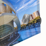 Acrylic print of a large abstract depiction of Valencia, featuring vivid blue and orange tones.