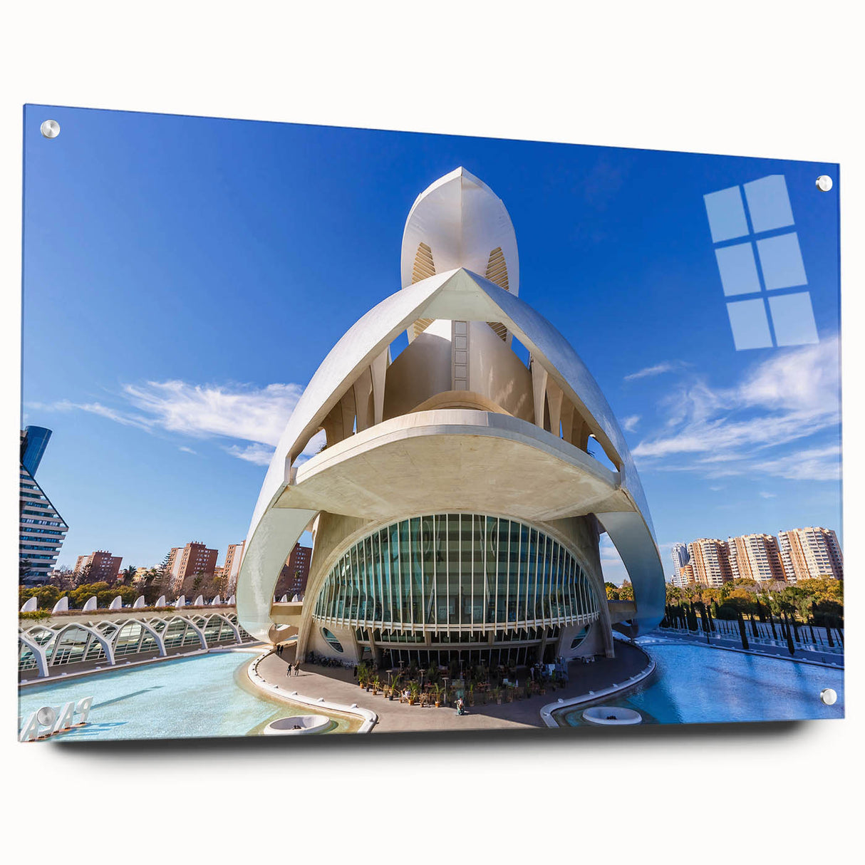 Large abstract wall art of Valencia scenery in muted earth tones on acrylic glass, ideal for bedroom or dining room decor.