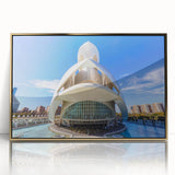 Mid-century modernist acrylic print of Valencia scenery in gold frame, ideal for nursery wall decor.