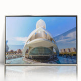 Mid-century modernist art of Valencia streetscape in muted earth tones on a silver-framed acrylic print.