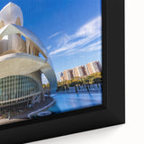 Extra large framed canvas featuring a textured depiction of Valencia scenery in black with colorful art accents.