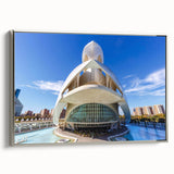 Landscape art painting of Valencia with colorful buildings on a black framed canvas, ideal for living room decor.