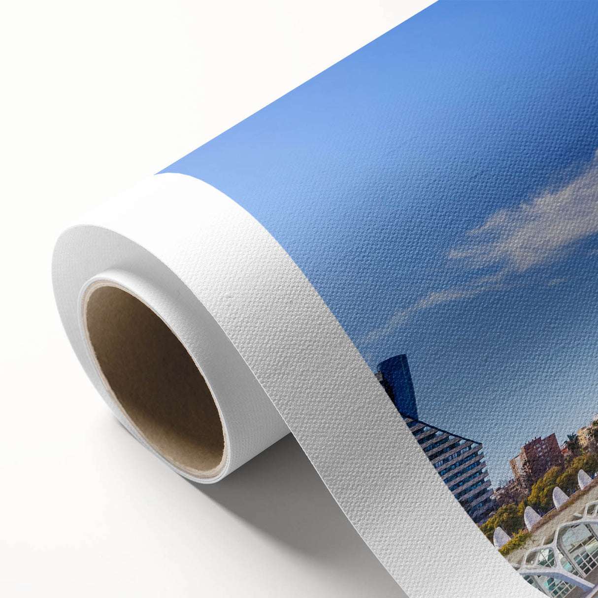 Art Deco poster of Valencia scenery on rolled canvas, with vibrant colors, ideal for nursery wall art or dining room.
