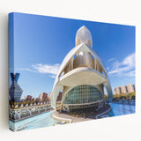 Side view of a stretched canvas depicting a serene Valencia cityscape in muted earth tones, suitable for kitchen wall art.