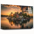 Acrylic print of Stockholm's cityscape with muted blue and grey tones, suitable for bedroom or dining room decor.